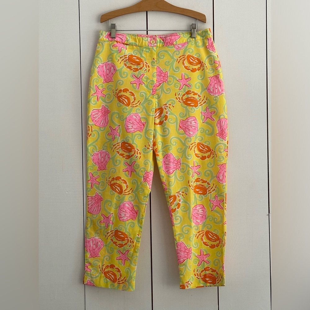 Lilly Pulitzer VTG Pants Orange Crabs Pink Seashells Yellow Sz 6 Tropical Resort